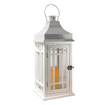 LumaBase Wooden Lantern with Battery Operated Candle - White with Chrome Roof