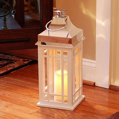 LumaBase Wooden Lantern with Battery Operated Candle - White with Chrome Roof