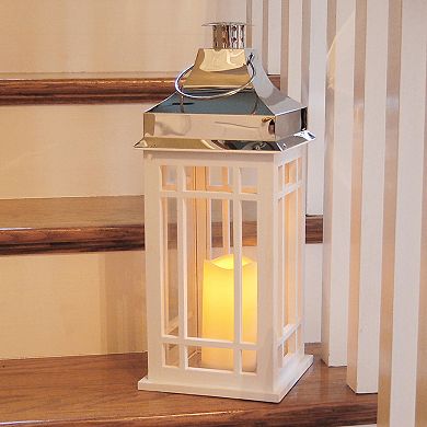 LumaBase Wooden Lantern with Battery Operated Candle - White with Chrome Roof