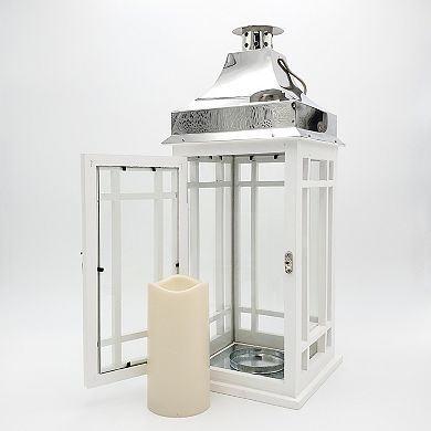 LumaBase Wooden Lantern with Battery Operated Candle - White with Chrome Roof