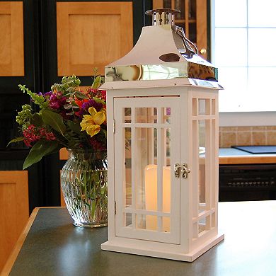 LumaBase Wooden Lantern with Battery Operated Candle - White with Chrome Roof