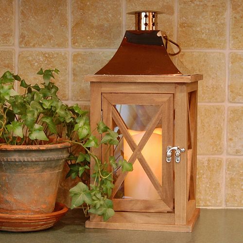 LumaBase Natural Wood & Copper Finish LED Candle Lantern