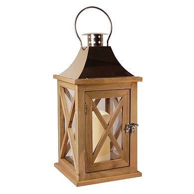 LumaBase Natural Wood & Copper Finish LED Candle Lantern