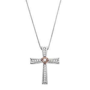 Two Tone Sterling Silver 1/4 Carat T.W. Diamond Cross Pendant