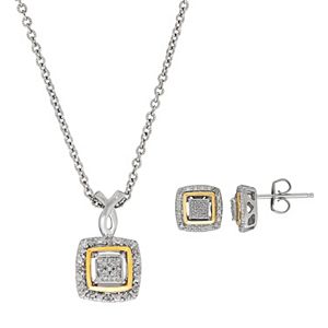 Sterling Silver & 14k Gold Diamond Accent Square Pendant & Stud Earring Set