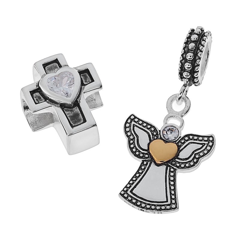 Individuality Beads Two Tone Sterling Silver Cubic Zirconia Cross Bead & Cr