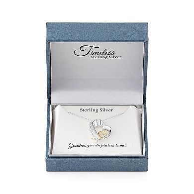 Timeless Sterling Silver Two Tone Cubic Zirconia "Grandma" Heart Pendant