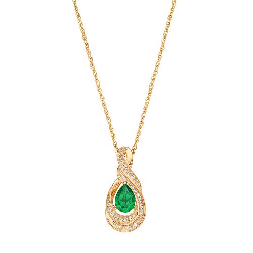 10k Gold 1/6 Carat T.W. Diamond & Emerald Twist Teardrop Pendant