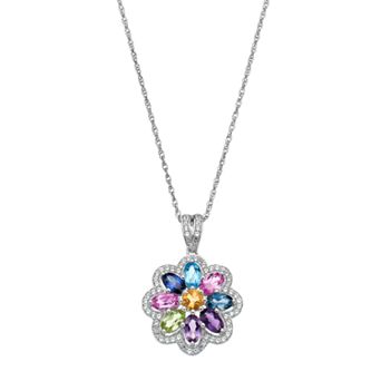 MASTERPIECE Sterling Silver Gemstone Flower Pendant Necklace