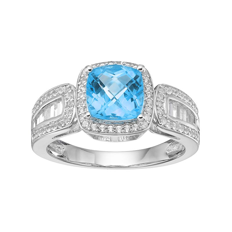 Sterling Silver Blue Topaz & Lab-Created White Sapphire Halo Ring, Womens,