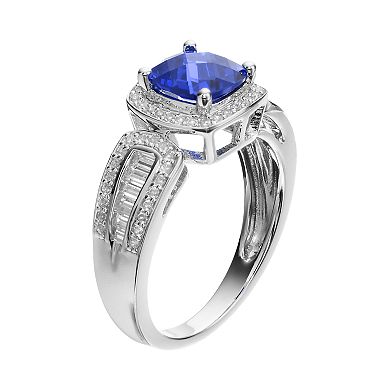 Sterling Silver Lab-Created Blue & White Sapphire Halo Ring