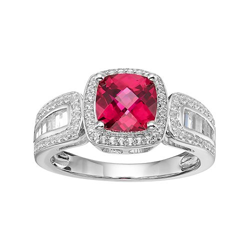 Sterling Silver Lab-Created Ruby & White Sapphire Halo Ring