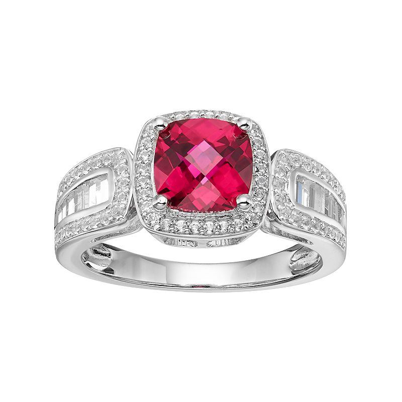 Sterling Silver Lab-Created Ruby & White Sapphire Halo Ring, Womens, Size: