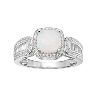 MASTERPIECE Sterling Silver Lab-Created White Opal & White Sapphire Halo Ring