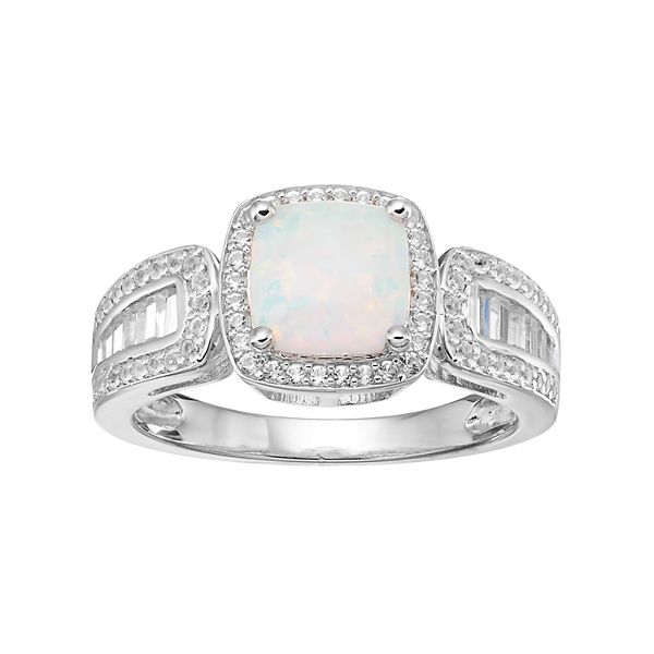 Halo Sterling Silver Lab Created White Opal Gemstone Ring 