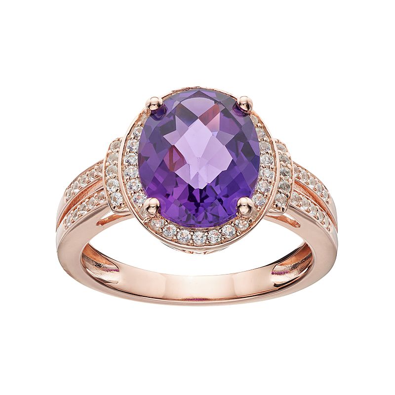Sterling Silver Amethyst & Lab-Created White Sapphire Halo Ring, Womens, S