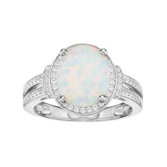 MASTERPIECE Sterling Silver Lab-Created White Opal & White Sapphire Halo Ring