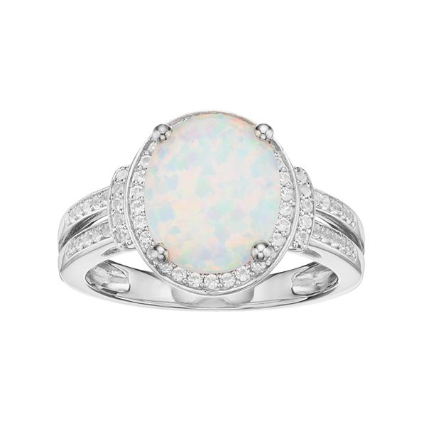 Sterling Silver Lab-Created White Opal & White Sapphire Halo Ring