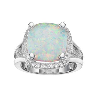 Sterling Silver Lab-Created White Opal & White Sapphire Halo Ring