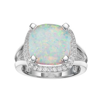 MASTERPIECE Sterling Silver Lab-Created White Opal & White Sapphire Halo Ring