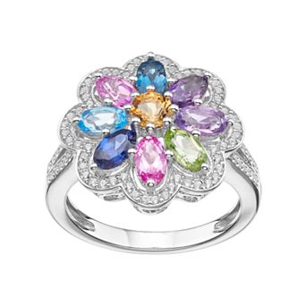 Sterling Silver Gemstone Flower Ring