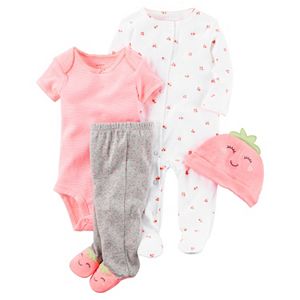 Baby Girl Carter's Strawberry Sleep & Play, Striped Bodysuit, Polka-Dot Pants & Hat Set