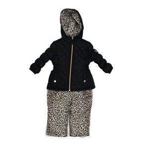 Baby Girl Pink Platinum Heavyweight Quilted Jacket & Cheetah Print Bib Snow Pants Set