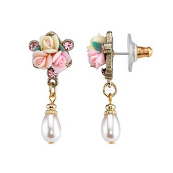 1928 Rose Cluster Simulated Pearl Drop Earrings