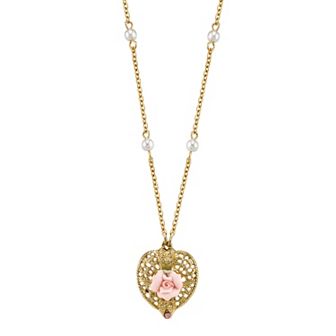 1928 Pink Rose Simulated Pearl Station Necklace