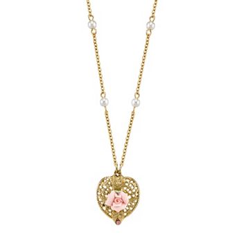 1928 Pink Rose Simulated Pearl Station Necklace