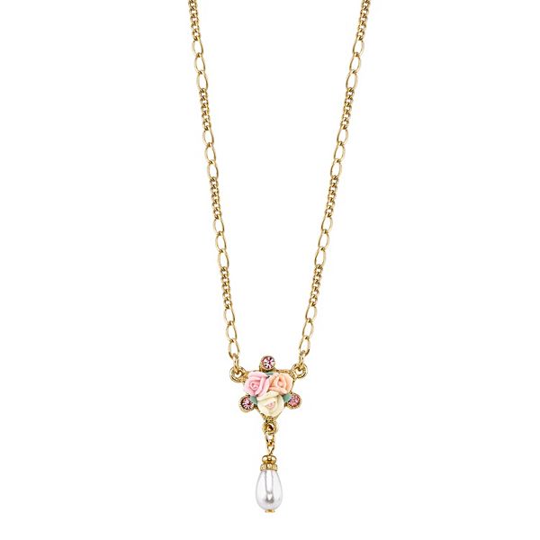 1928 Rose Simulated Pearl Teardrop Necklace