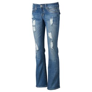 Juniors' Almost Famous Ripped Flap-Back Bootcut Jeans