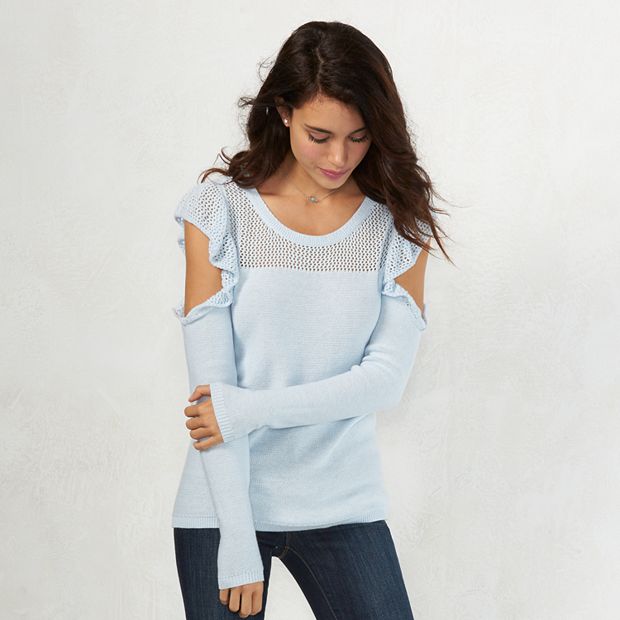 Ruffle cold shoulder discount sweater