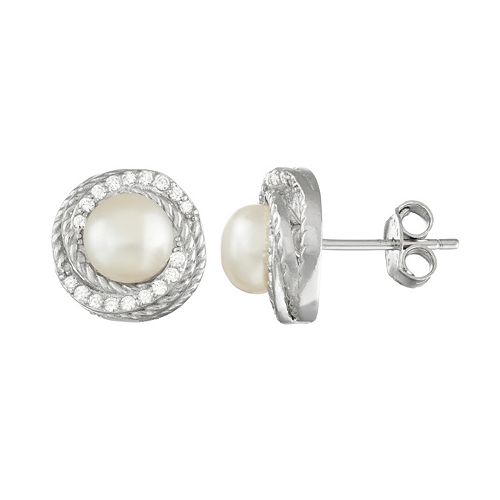 Sterling Silver Freshwater Cultured Pearl & Cubic Zirconia Swirl Stud ...