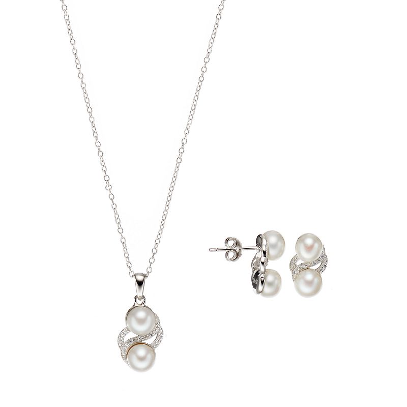 Sterling Silver Freshwater Cultured Pearl & Cubic Zirconia Jewelry Set, Women's, Size: 18", White