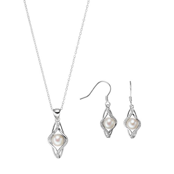 Sterling Silver Freshwater Cultured Pearl & Cubic Zirconia Kite Jewelry Set