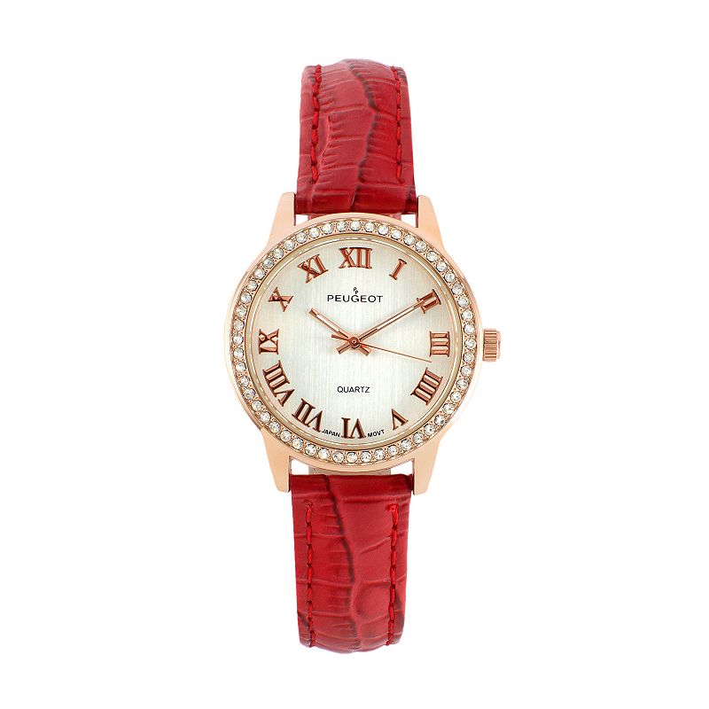 Peugeot Womens Crystal Leather Watch, Red