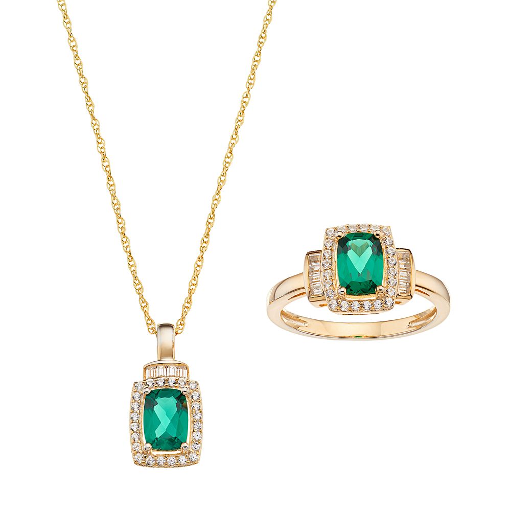 10k Gold Lab-Created Emerald & White Sapphire Halo Jewelry Set