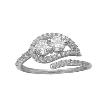 INTERTWINED Sterling Silver Cubic Zirconia Two Stone Leaf Open Ring