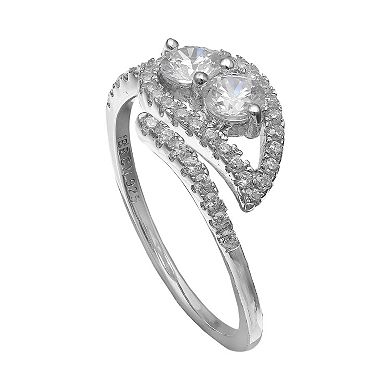 INTERTWINED Sterling Silver Cubic Zirconia Two Stone Leaf Open Ring