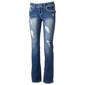 Juniors' Almost Famous Ripped Flap-Back Bootcut Jeans