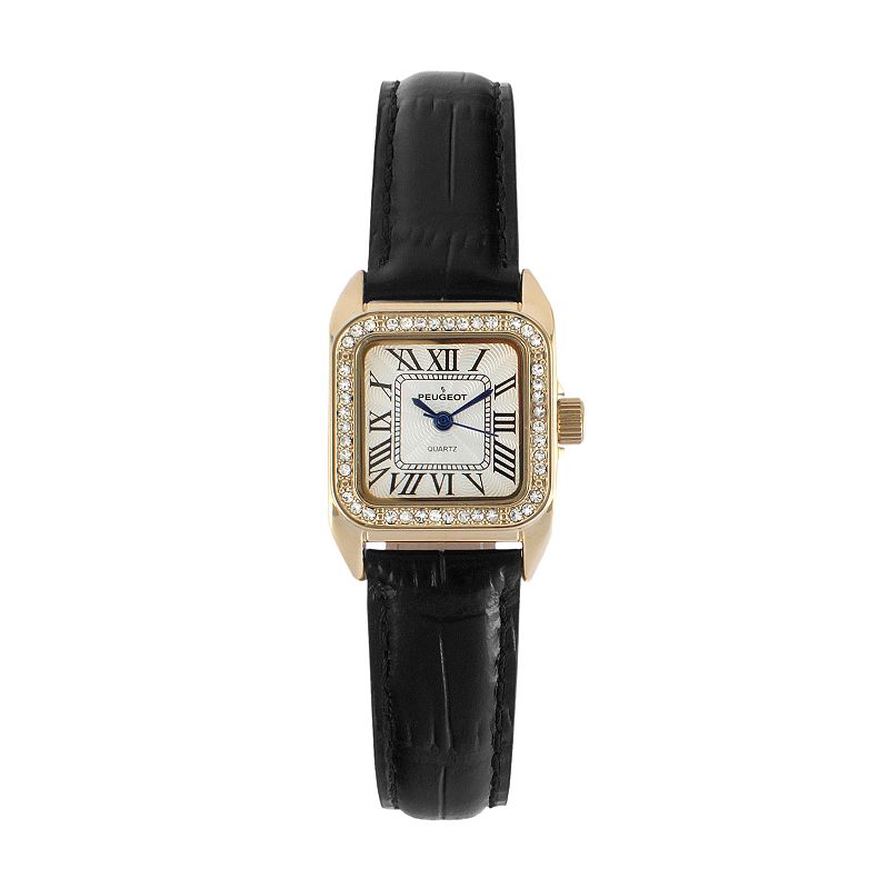 Peugeot Womens Crystal Leather Watch, Black