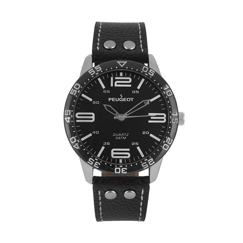 Peugeot Mens Sport Leather Watch, Black