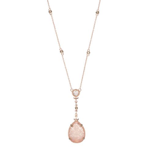 Lavish by TJM 18k Rose Gold Over Silver Rose Quartz & Marcasite Teardrop Pendant