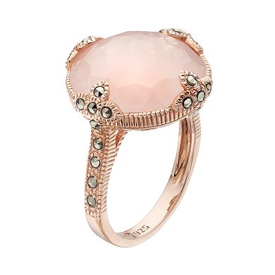 Lavish by TJM 18k Rose Gold Over Silver Rose Quartz & Marcasite Circle Ring