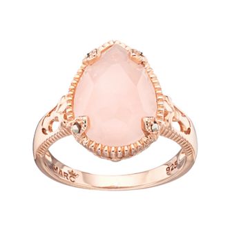 Lavish by TJM 18k Rose Gold Over Silver Rose Quartz & Marcasite Teardrop Ring