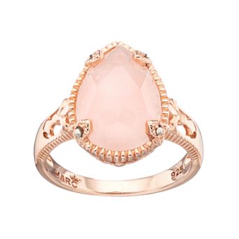 Lavish by TJM 18k Rose Gold Over Silver Rose Quartz & Marcasite Teardrop Ring