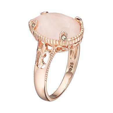 Lavish by TJM 18k Rose Gold Over Silver Rose Quartz & Marcasite Teardrop Ring