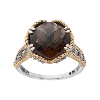 Lavish by TJM Two Tone Sterling Silver Smoky Quartz & Marcasite Circle Ring