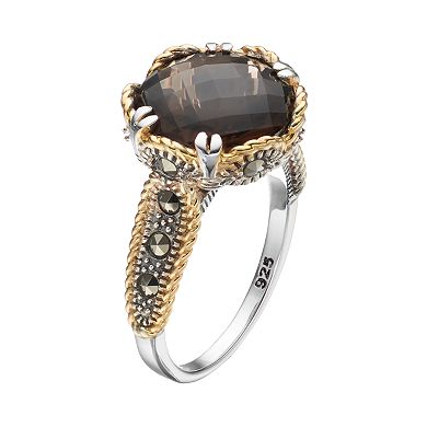 Lavish by TJM Two Tone Sterling Silver Smoky Quartz & Marcasite Circle Ring